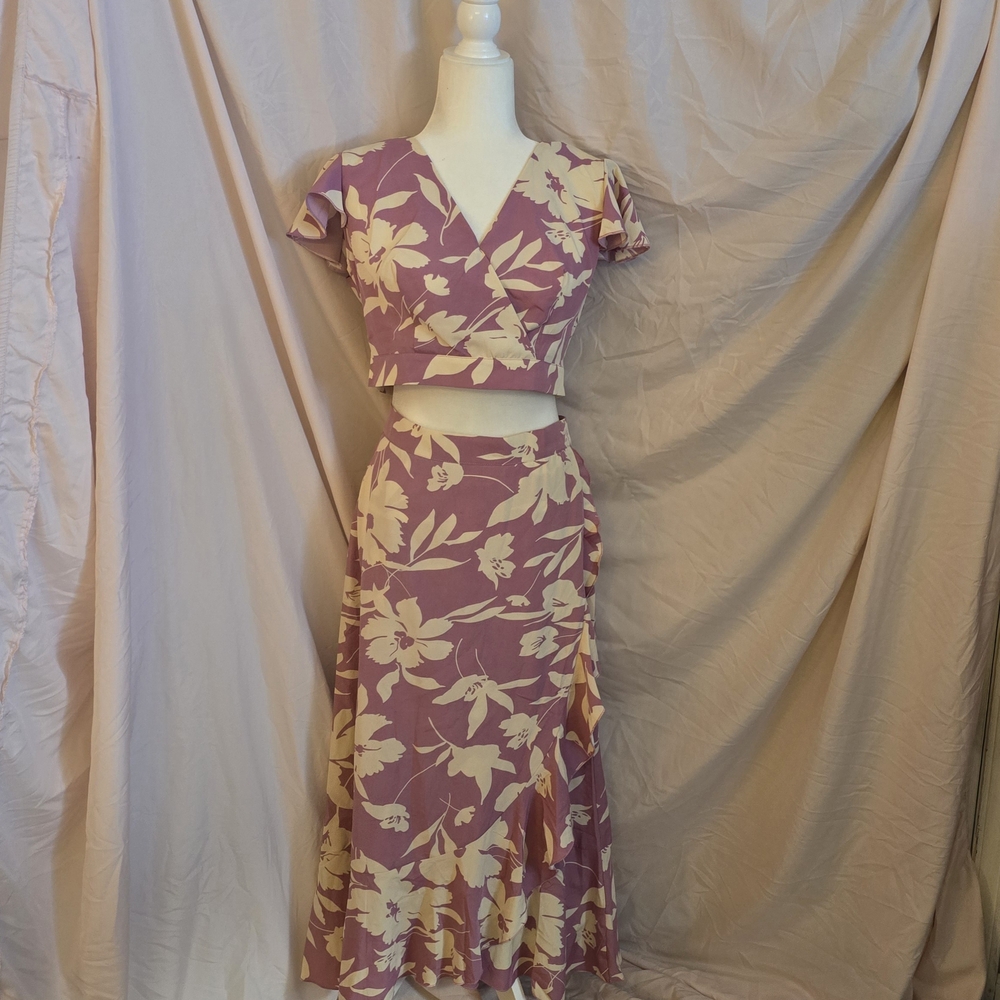 Floral V-Neck Two-Piece Skirt Set